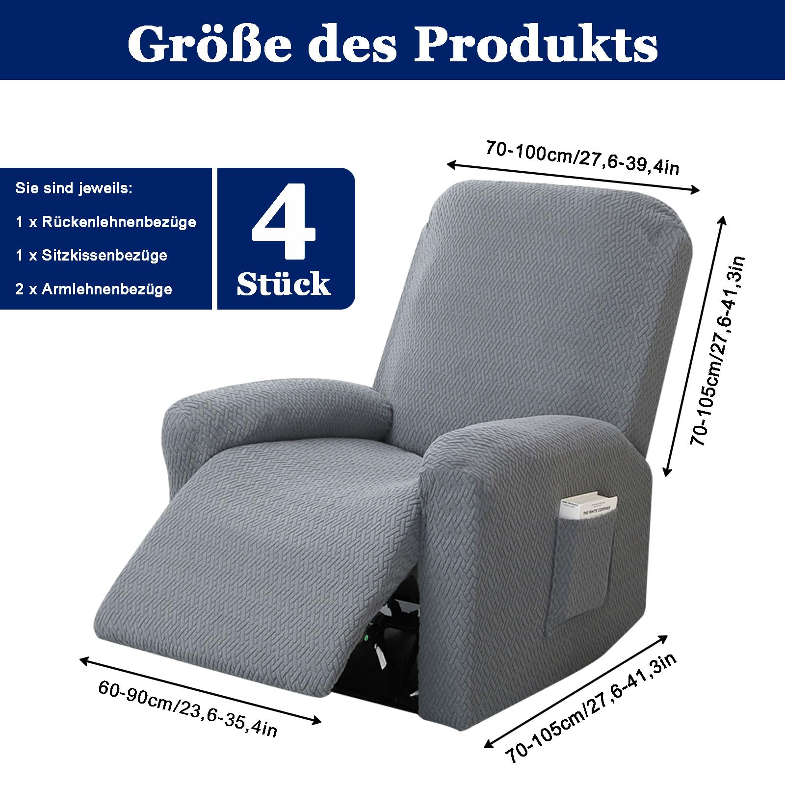 Fodera per Poltrona Relax, 4 pezzi All Inclusive Copridivano per Sedia a Sdraio con Tasche, Fodere per Poltrona Reclinabile Elasticizzato, Copridivano Elastico in Peluche(Grigio Chiaro)