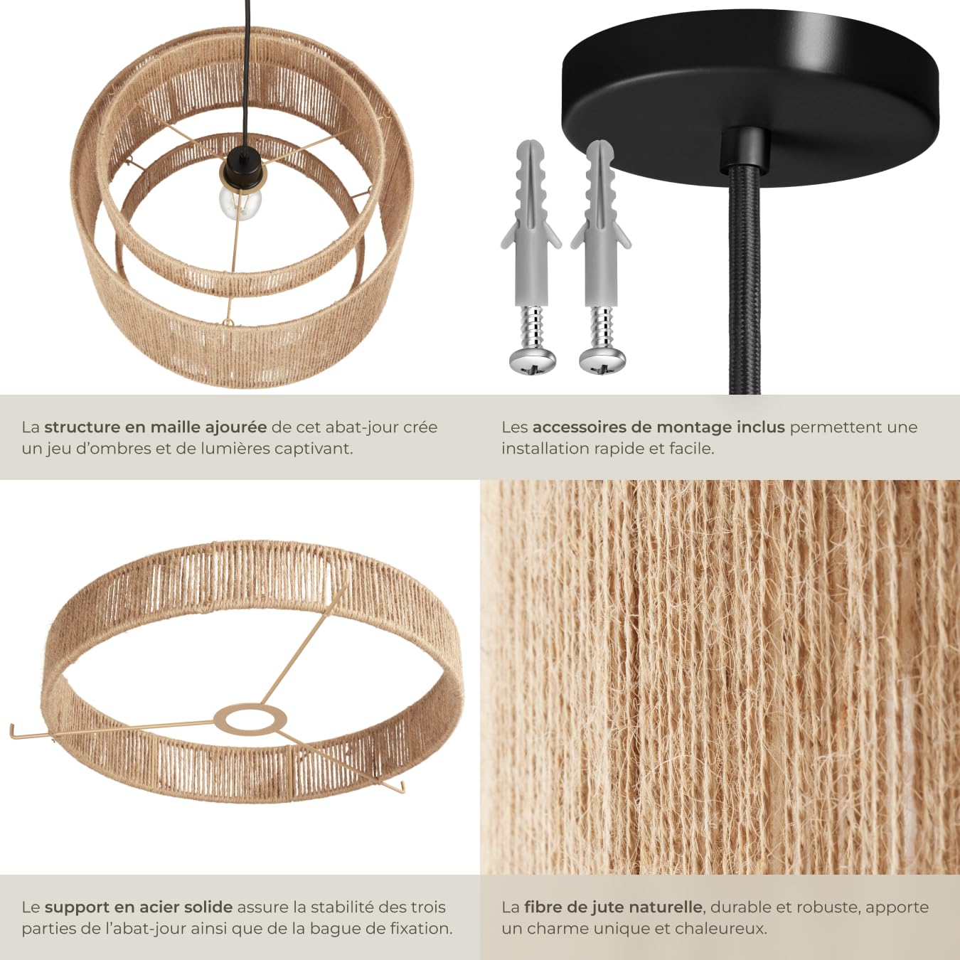 tectake® Suspension luminaire Ø46 x 32 cm, Abat jour en jute, Style Boho, Lustre 40W, Abat jour plafond, Lustre salon bohème, Plafonnier chambre Plafonnier cuisine Luminaire chambre, Suspension salon