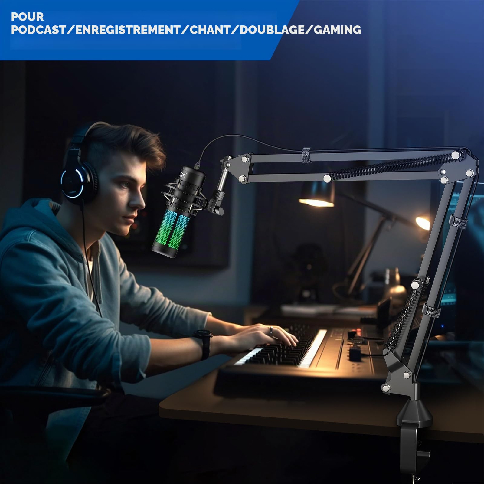 Bras Micro,Aokeo AK-35 Pied Micro réglable Support de Microphone pour HyperX QuadCast,SoloCast,Blue Yeti,Blue Snowball,Elgato Wave,Etc