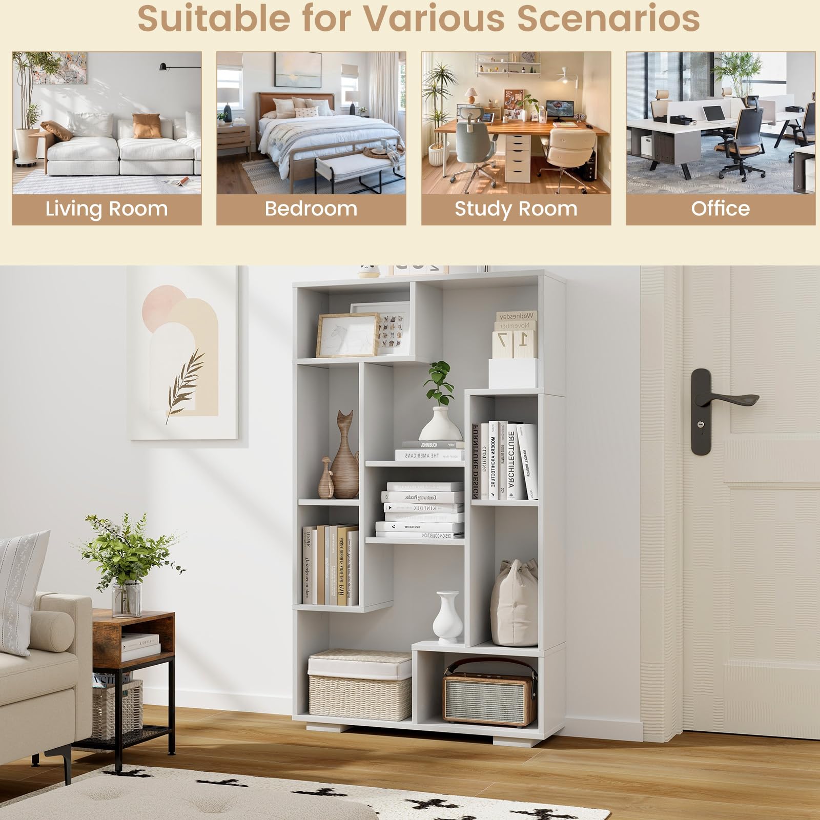 HOMASIS Bibliothèque Géométrique en Bois à 9 Compartiments,Cube avec Étagère Ouvertes,Étagère avec Protection Anti-Basculement, Meuble de Rangement pour Salon Bureau,70 x 20 x 120cm (Blanc)