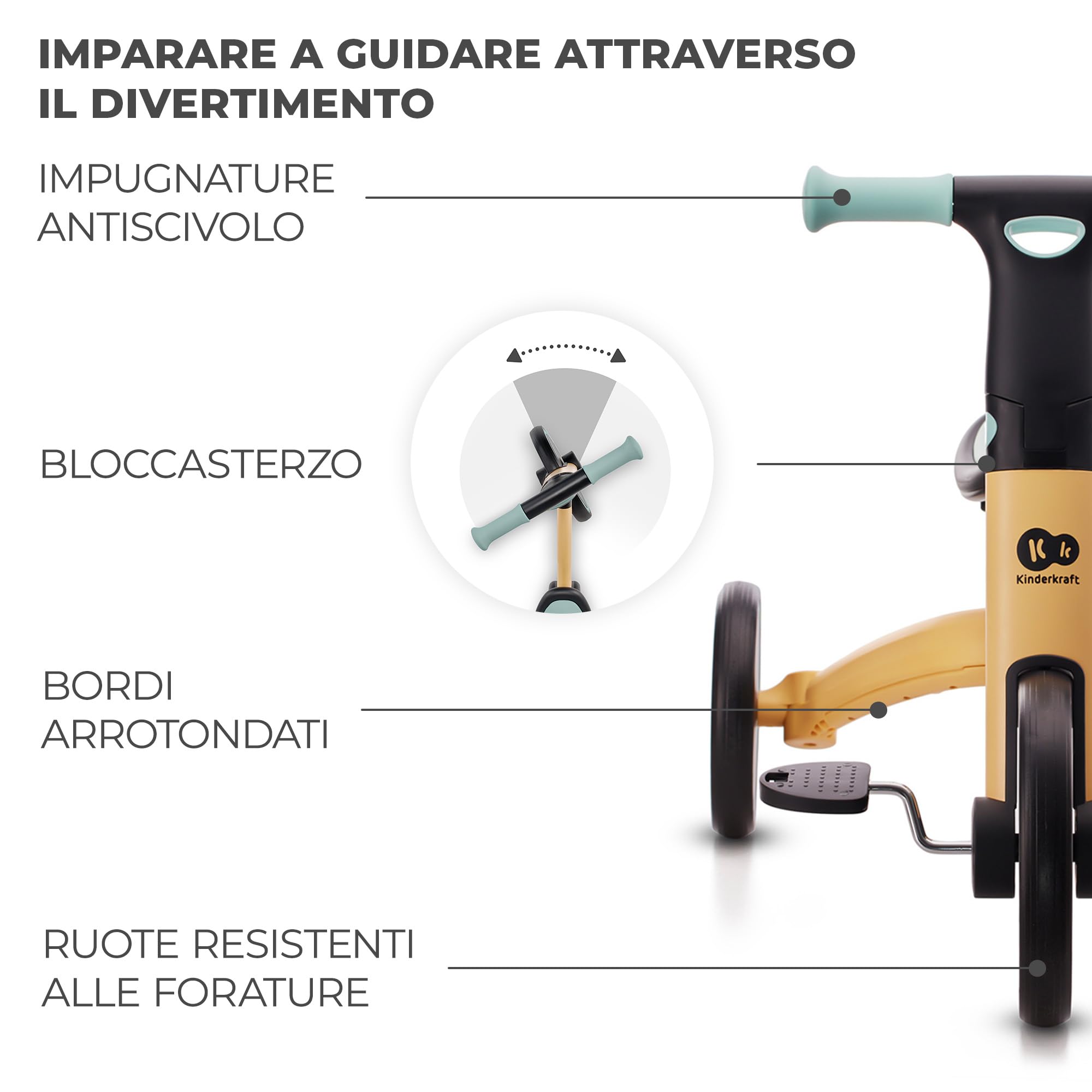 Kinderkraft Triciclo 3in1 4TRIKE, Mini bici, Carrello, Sella regolabile, Pieghevole, da 12 mesi a 5 anni, Giallo+Blu