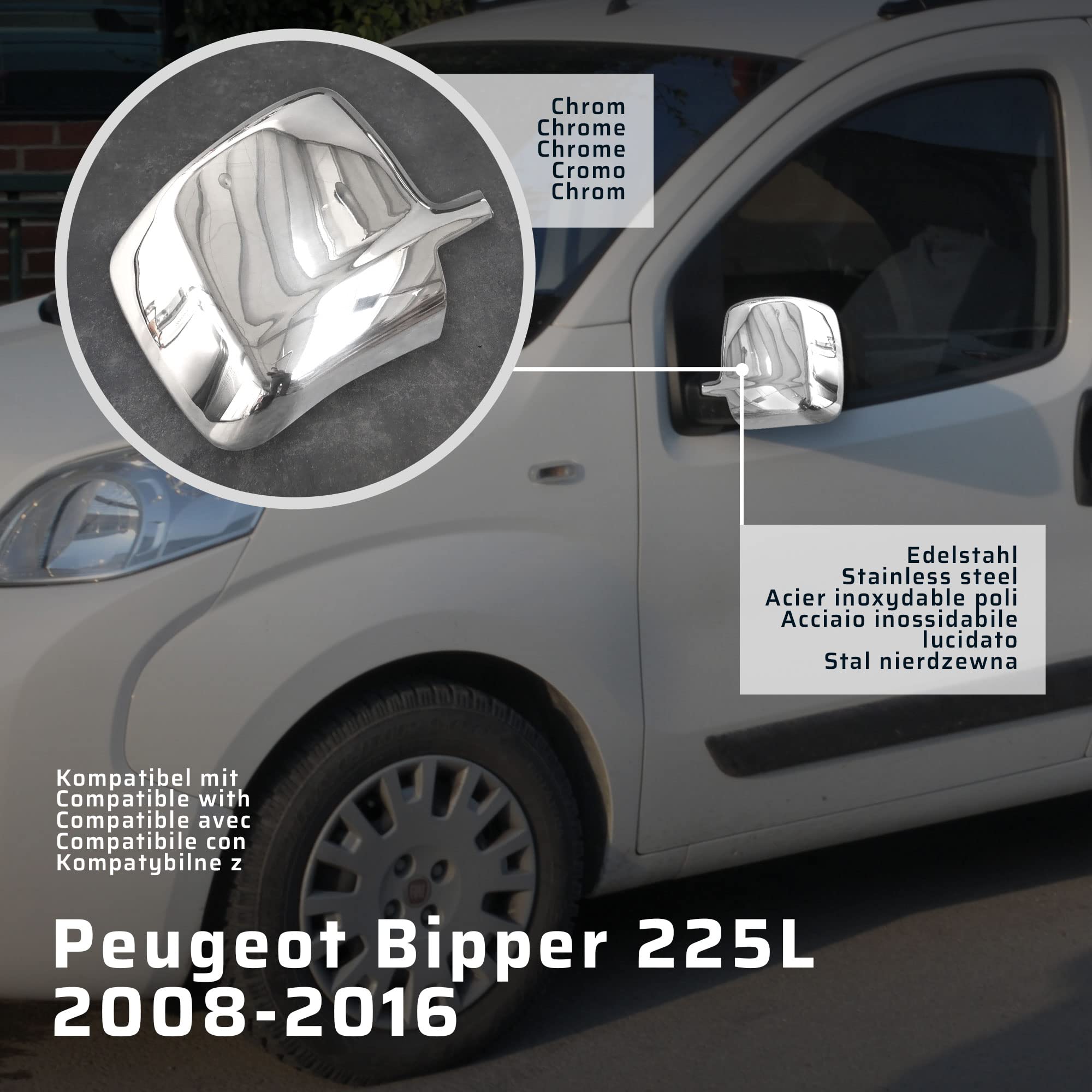 CHROMEMASTER | Nakładki na Lusterka Zewnętrzne | Kompatybilne z Peugeot Bipper 225L 2008-2016 | Stal nierdzewna; Osłony Lusterek to Niepowtarzalny Wygląd Auta i Ochrona Przed Uszkodzeniem