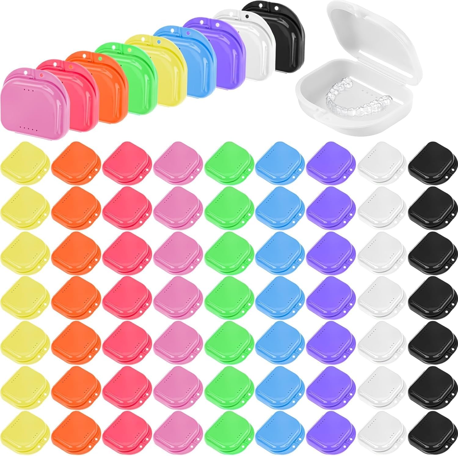 Lot de 64 boîtiers à gouttières dentaires avec trous d’aération étuis pour protège-dents prothèses dentaires boîtes de rangement multicolores pour bureau voyage maison 9 couleurs (coloris classiques)