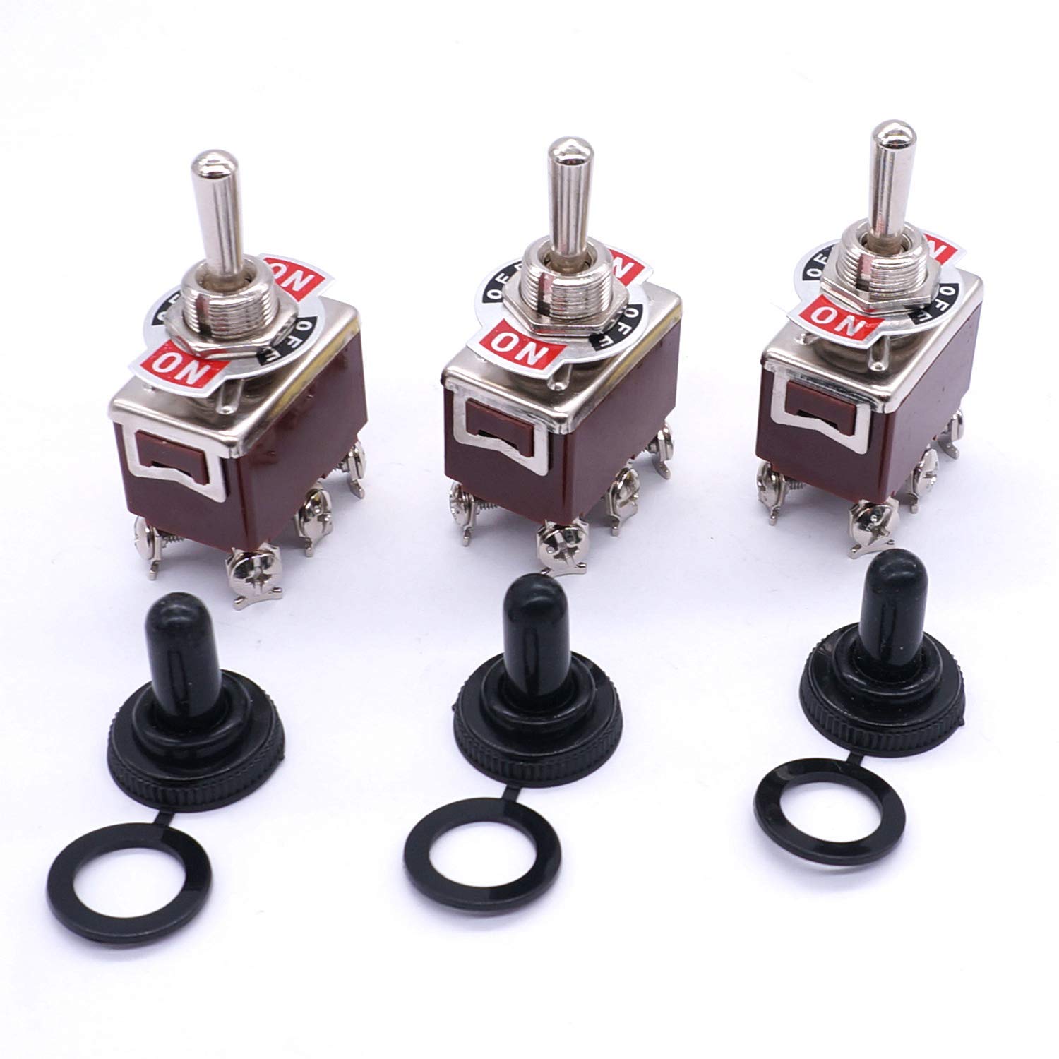 Kippschalter, 3 Stück, universell, robust, 20 A, 125 V, DPDT, 6 Anschlüsse, EIN/Aus/EIN, Wippe aus Metall + 3 Stück wasserdichte Abdeckung