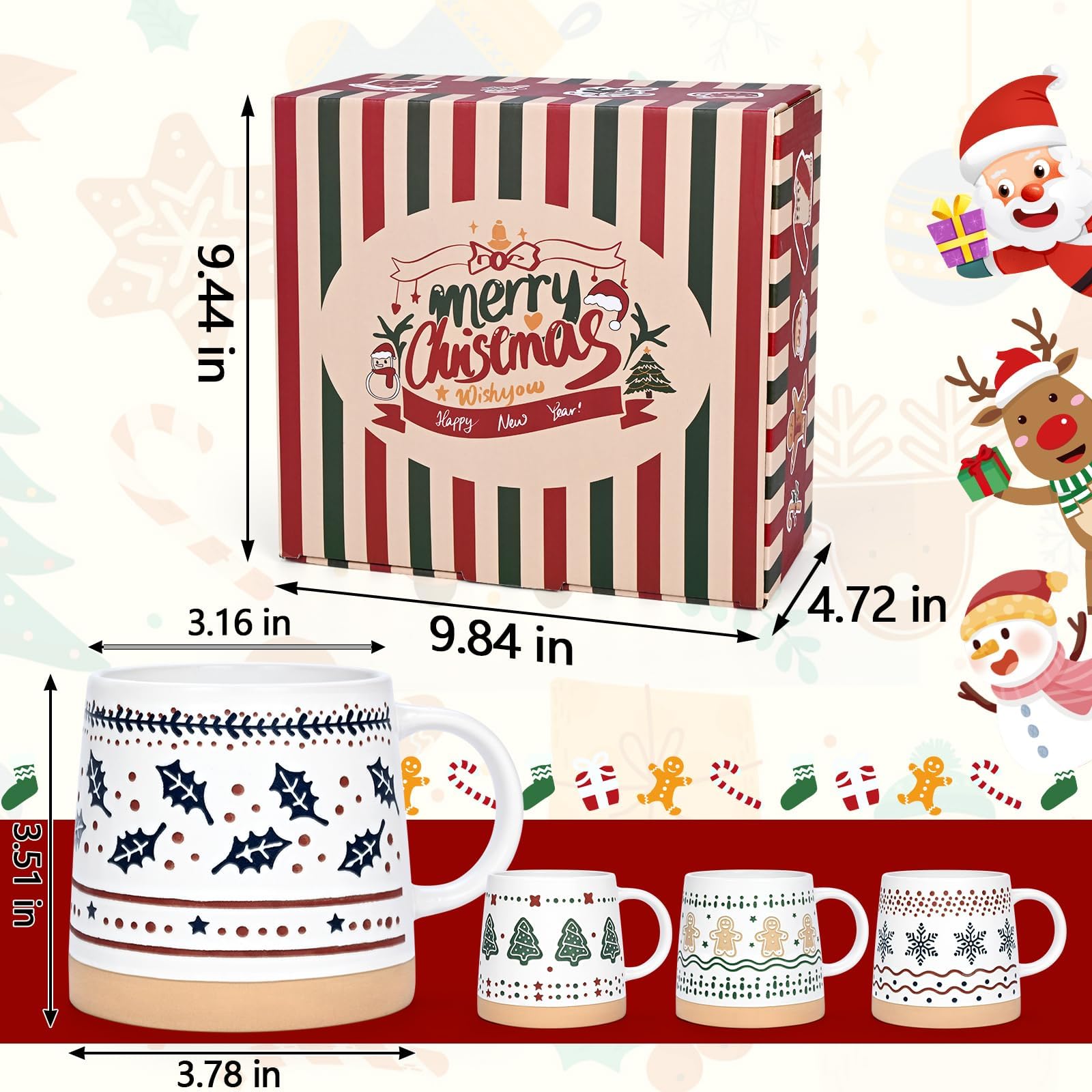 Joymaking Lot de 4 tasses de Noël - Cadeaux de Noël pour femmes et amis - Tasse à café avec sapin de Noël, neige, bonhomme en pain d'épice, tasse de Noël pour cacao chaud, vin chaud, 400 ml