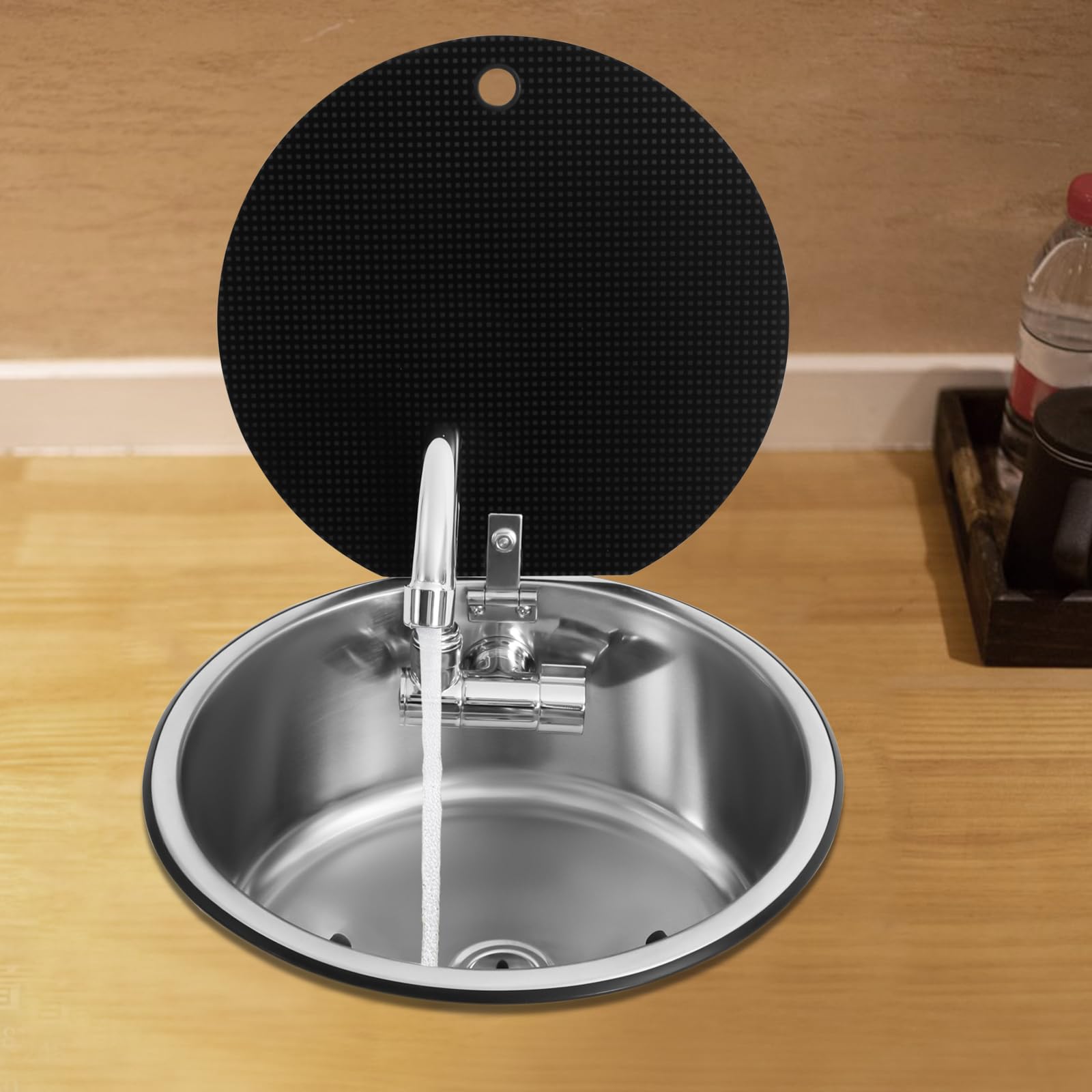 Wohnmobil Spüle Camping Set mit Klappbarem Wasserhahn, Edelstahl Spülbecken 34cm & Abdeckung aus Gehärtetem Glas, Komplettset für Camper, Wohnwagen und Yachten, Inkl. Zulauf und Ablauf