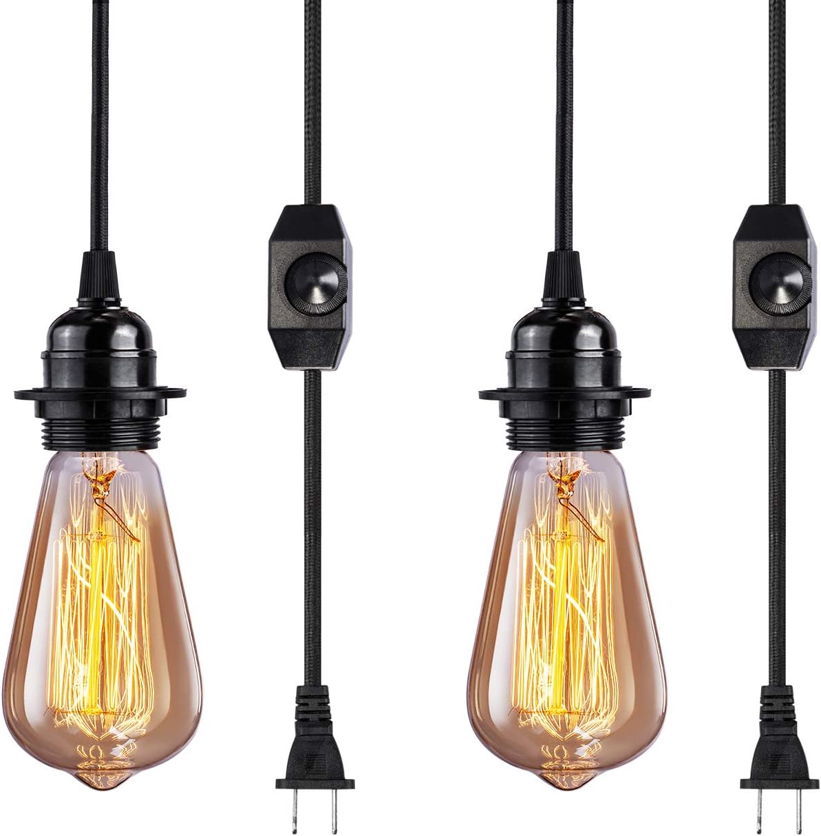 Vintage Plug In Hanging Light Kit Elibbren Industrial Style Pendant Lighting E26 E27 Lamp Socket 12 14ft Twisted Textile Black Cord With Dimmable On Off Switch Plug In Lamp Fixture 2 Pack