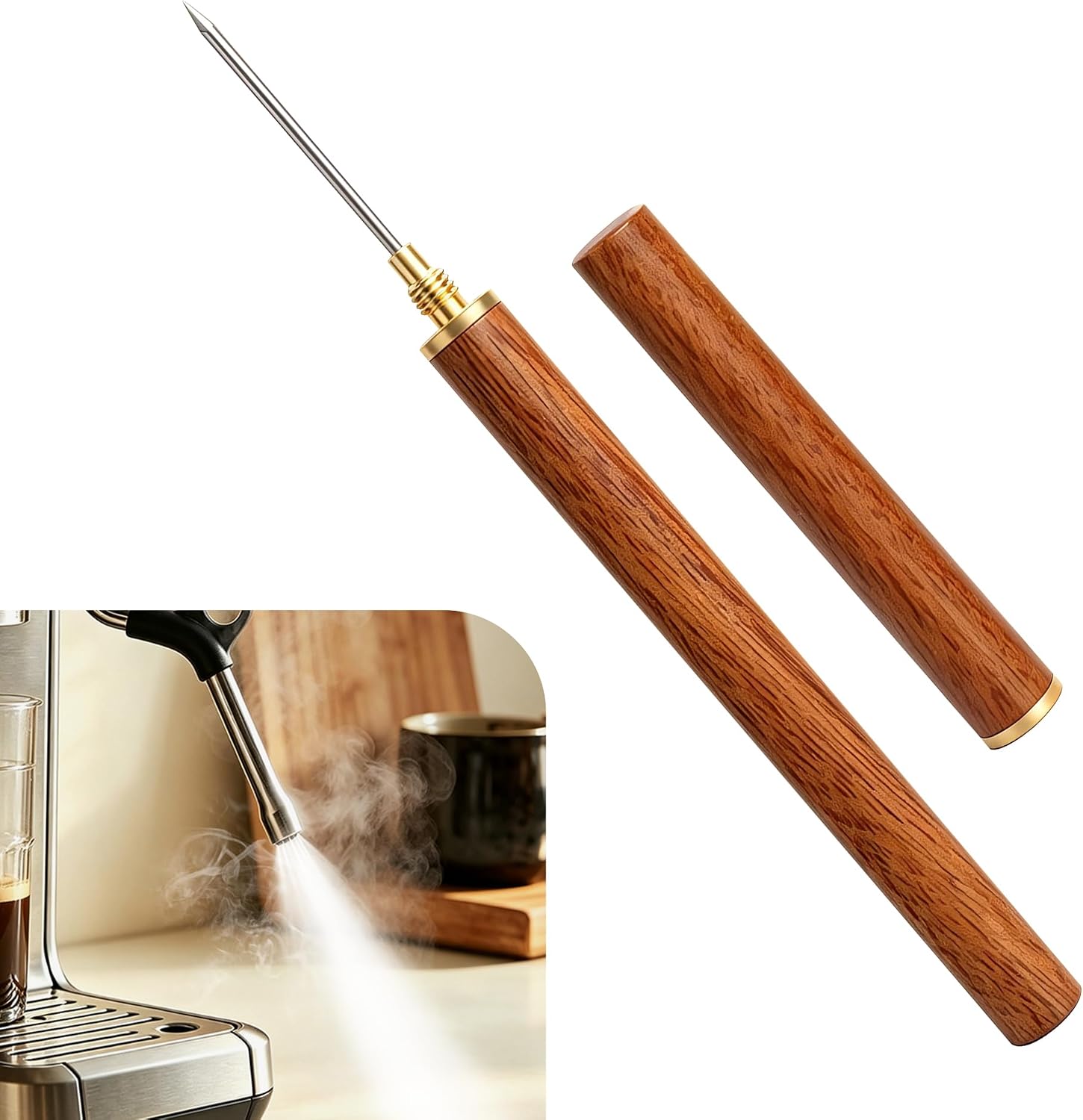 Steam Wand Cleaning Needle for Espresso Machine, Espresso Steam Wand Cleaning Tool with Stainless Steel Pin and Wooden Handle and Cap, Espresso Machine Accessories for Milk Frother, Rosewood