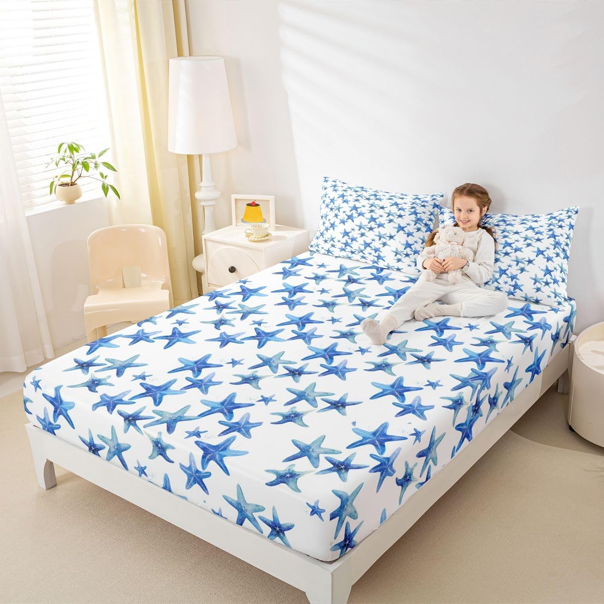 Feelyou Starfish Bedding Fitted Sheet Ocean Beach Marine Life Decor Bed Sheet Set for Kids Boys Girls Coastal Beach Theme Bedding Sheets Blue Bed Cover Bedroom Collection 3Pcs Full Size