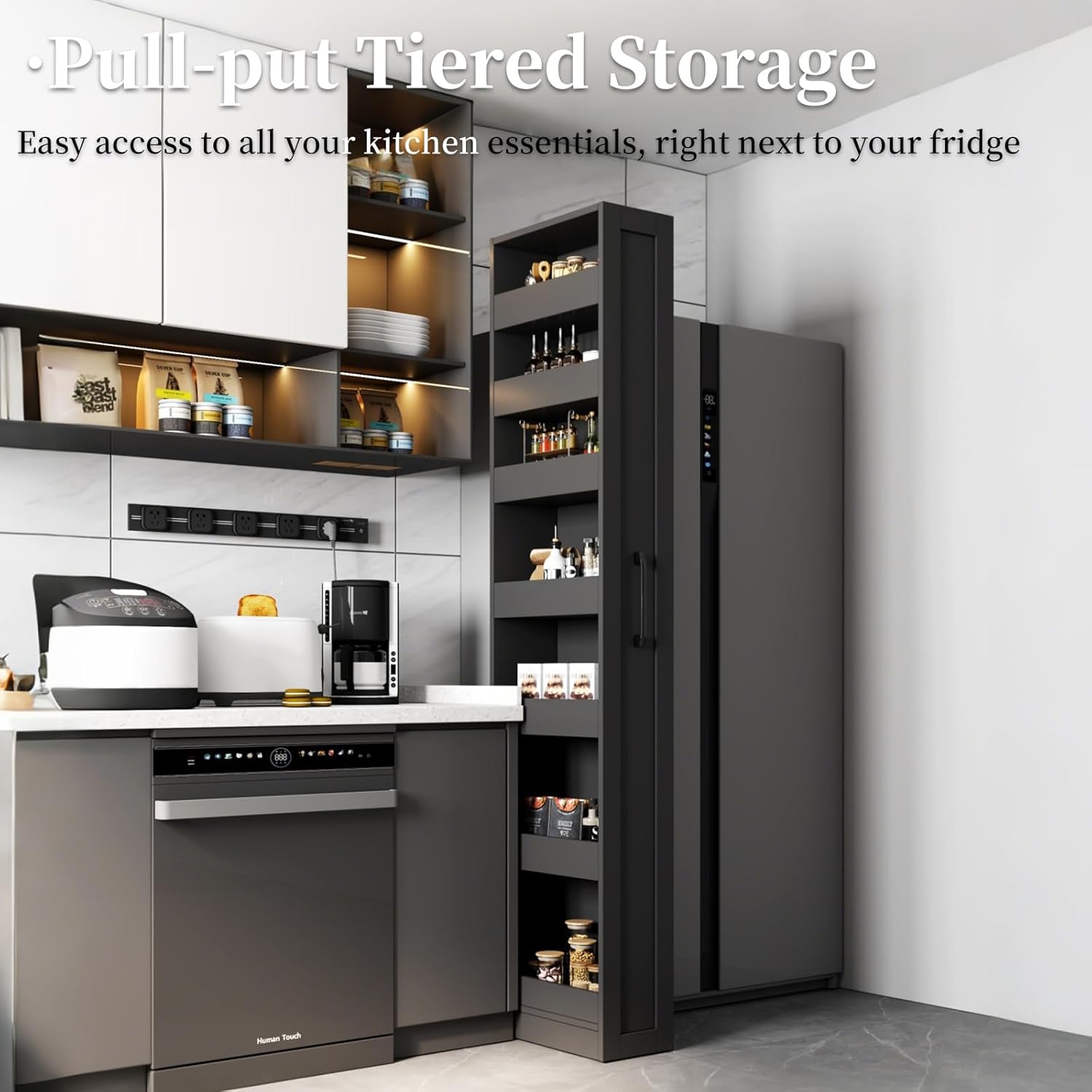 JOYSOURCE Tall Narrow Pull-Out Storage Shelf with Wheels 7-Tier Slim Rolling Storage Spice Rack Next to Fridge Utility Cart Single-Sided for Small Spaces, Kitchen, Laundry Room, Black