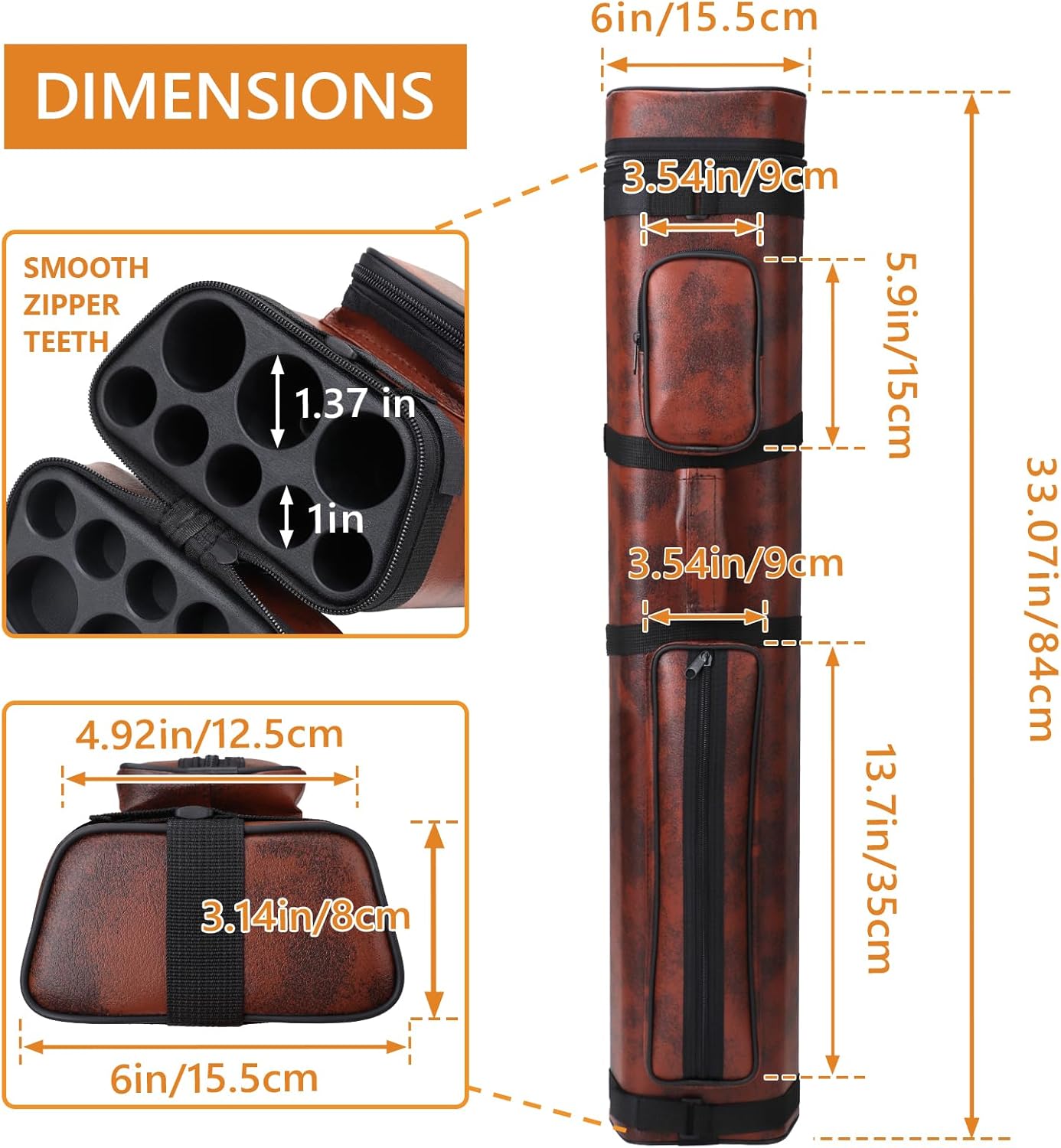 3x5 Leatherette Pool Cue Case - Holds 3 Butts and 5 Shafts