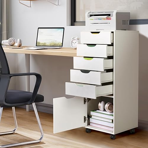 Miniatura 2 de VOWNER Cómoda de madera de 5 cajones con armario inferior, cómoda móvil, amplio espacio de almacenamiento para oficina en casa (blanco, 5 cajones +
