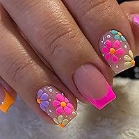 Vista 26 de Uñas postizas cuadradas - Uñas acrílicas cortas y bonitas en blanco con diseños de flores moradas - Uñas adhesivas reutilizables para mujeres y niñas