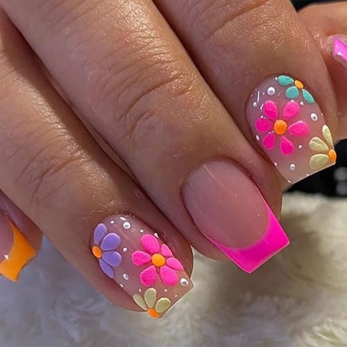 Miniatura 26 de Uñas postizas cuadradas - Uñas acrílicas cortas y bonitas en blanco con diseños de flores moradas - Uñas adhesivas reutilizables para mujeres y niñas