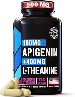Apigenin with L Theanine supplement - 500mg - Apigenin Supplement for Sleep, Relaxation & Mood - Powerful Bioflavonoid & Antioxidants Found in Chamomile Tea - 120 Vegan caps. NON- GMO. Made in USA