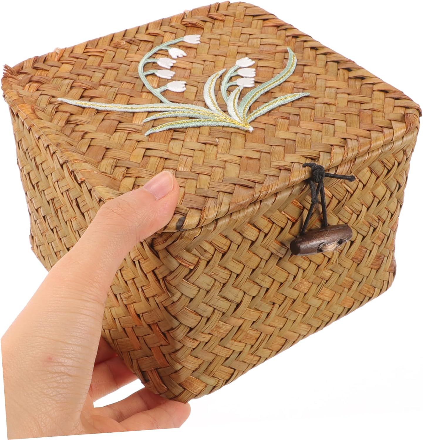 jojofuny Woven Storage Basket with Lid Multi Use Sewing Organizer Box for Small Items Lightweight Desktop and Cosmetic Storage Vintage Style