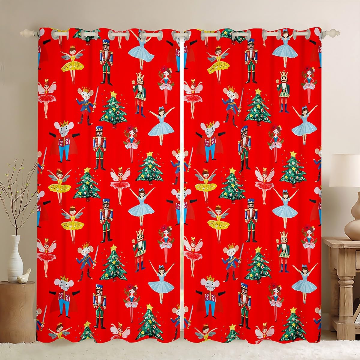 richhome Cute Nutcracker Curtains for Bedroom Living Room Christmas Decor Blackout Shades Kawaii Xmas Princess Curtain Red Window Treatments, 2 Panels W52*L63 Decor