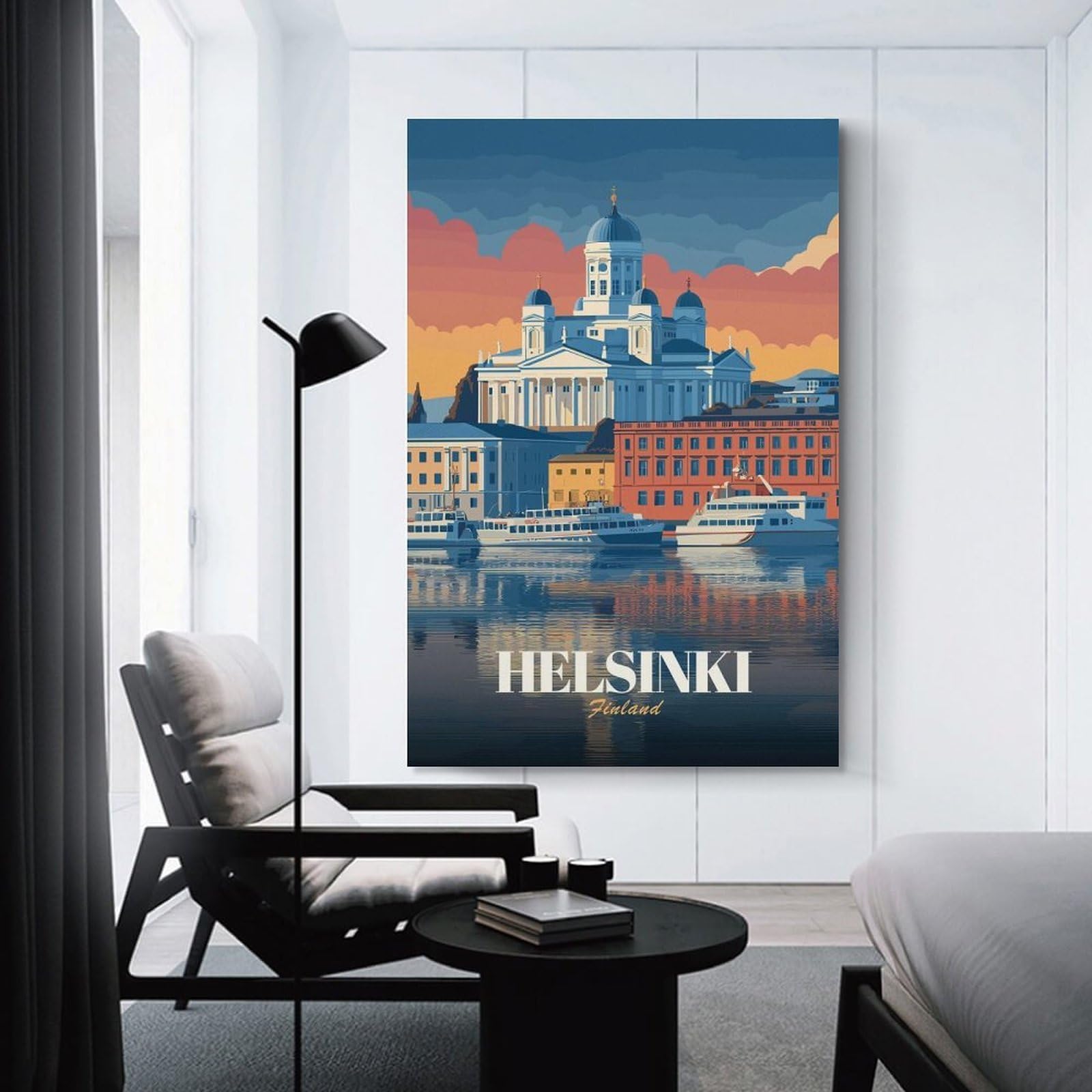 Junmoney Decorative Wall Artwork Helsinki, Finland Cityscape Illustration, 24x36inch(60x90cm), for Lounge, Bedroom Or Personal Spaces, Gift Idea for Housewarming And Birthdays