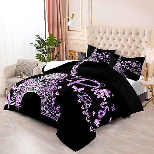 Miniatura 3 de LUVIVIHOME Juego de edredón de París de 2 piezas, tamaño individual, edredón de mariposa morada, juegos de ropa de cama de la Torre Eiffel,