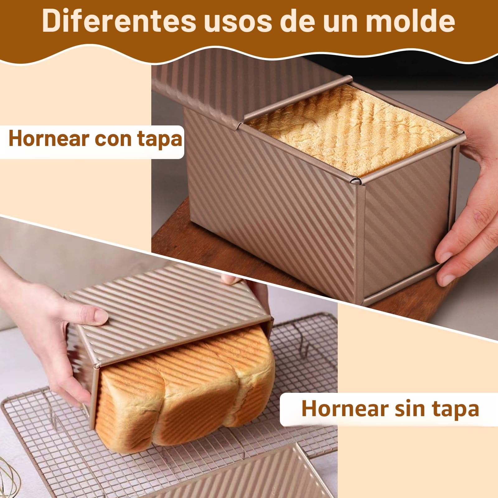 Juego de 2 Moldes para Pan con Tapa – Molde Antiadherente para Pan de molde, Bizcochos, Molde Rectangular Reposteria con Tapa para Uso Doméstico, incluye 1 Espátula de Silicona y 1 Brocha de Silicona