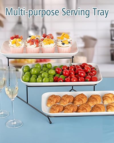 Miniatura 6 de Delling Juego de bandejas grandes de 3 niveles, bandejas de porcelana escalonadas de 16 pulgadas con soporte para servir plegable, adecuado para