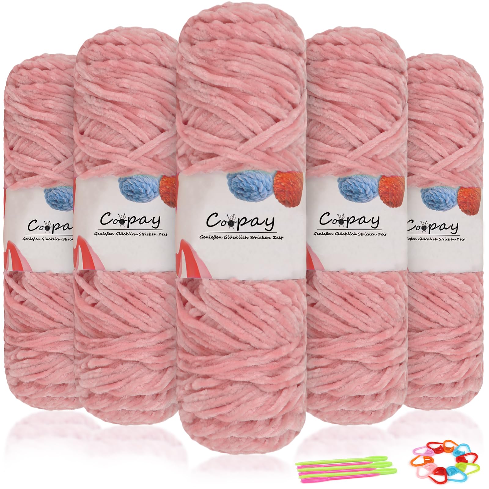 Coopay Samt Chenille Wolle zum Häkeln, 500g (5x100g) Velvet Chenillegarn, Dicke Wolle zum Stricken, Flauschige Weiche Samtig Chenillewolle mit Häkelzubehör für Schals, Decken - Fleischrosa