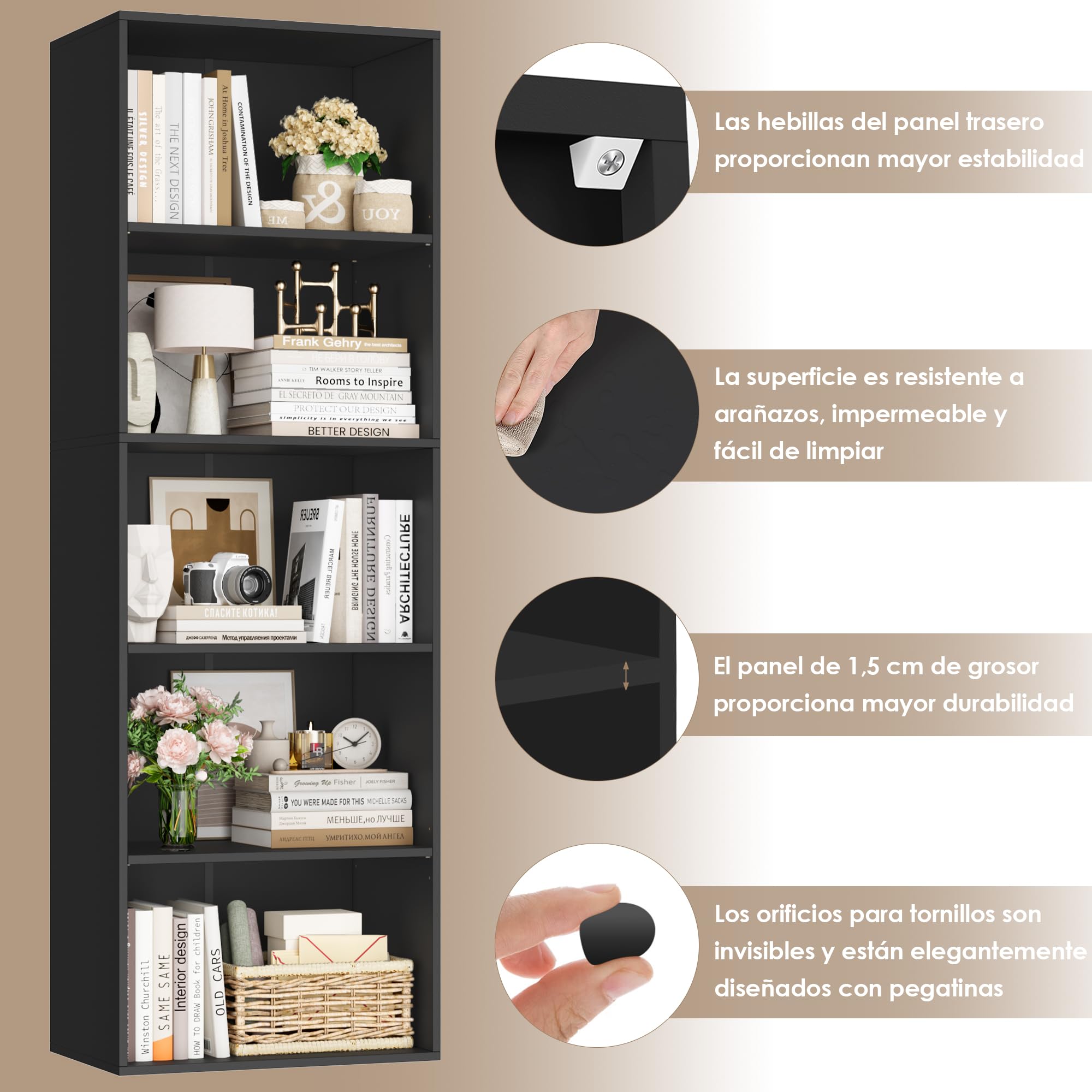 FirFurd Estantería Libros Sinfonier Alto Librería Madera, 5 Compartimentos | Librería Estantería, Biblioteca, Estanterias Almacenaje, Estrecha y Alta, para Salón Oficina Dormitorio Negro 48X30X159Al.cm