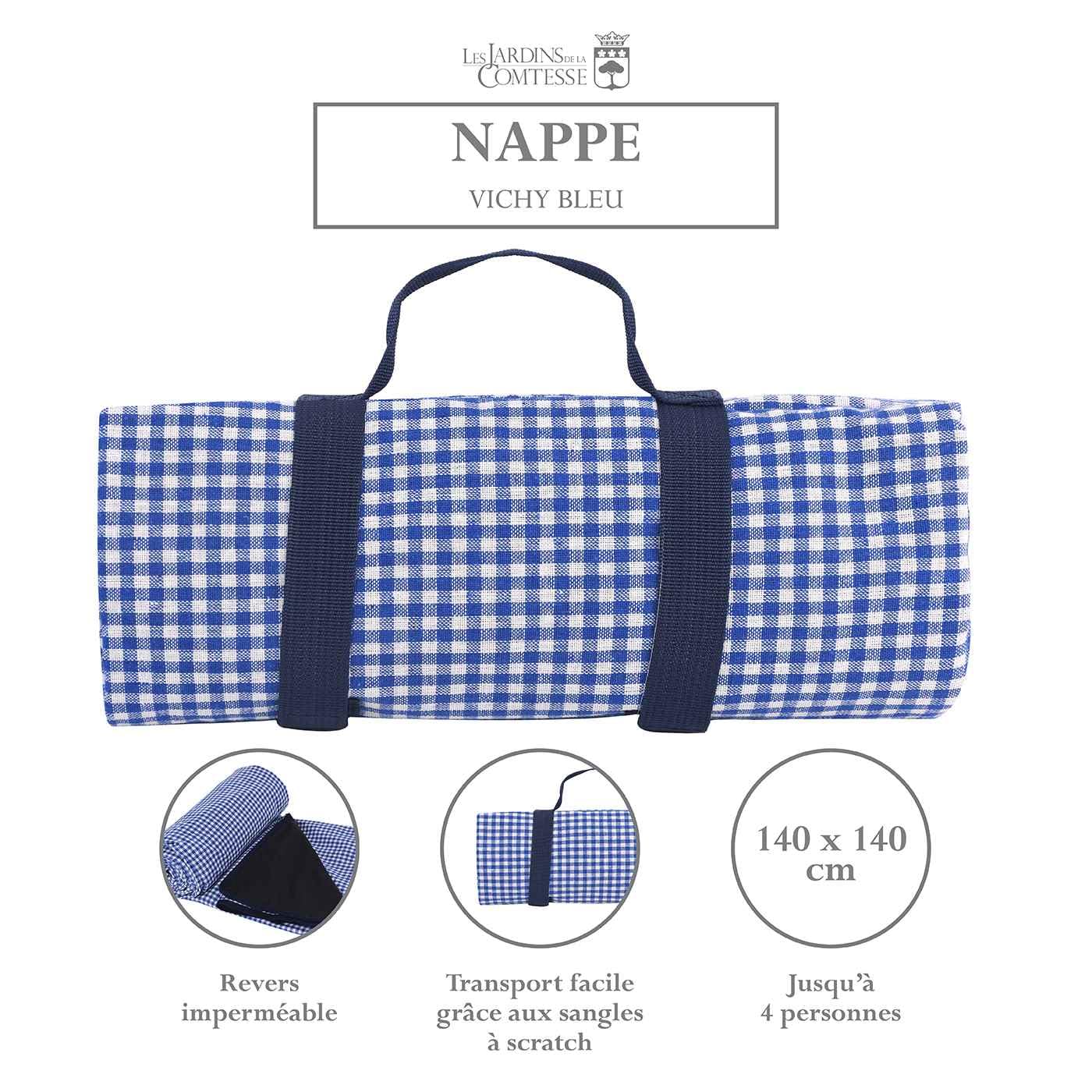 Les Jardins de la Comtesse - Nappe de Picnic Carrée Vichy Bleu - Coton et Revers Etanche Polyester - 140 x 140 cm - Bleu/Blanc - 2/4 Personnes - Tapis/Couverture Pique Nique - Porte-Nappe