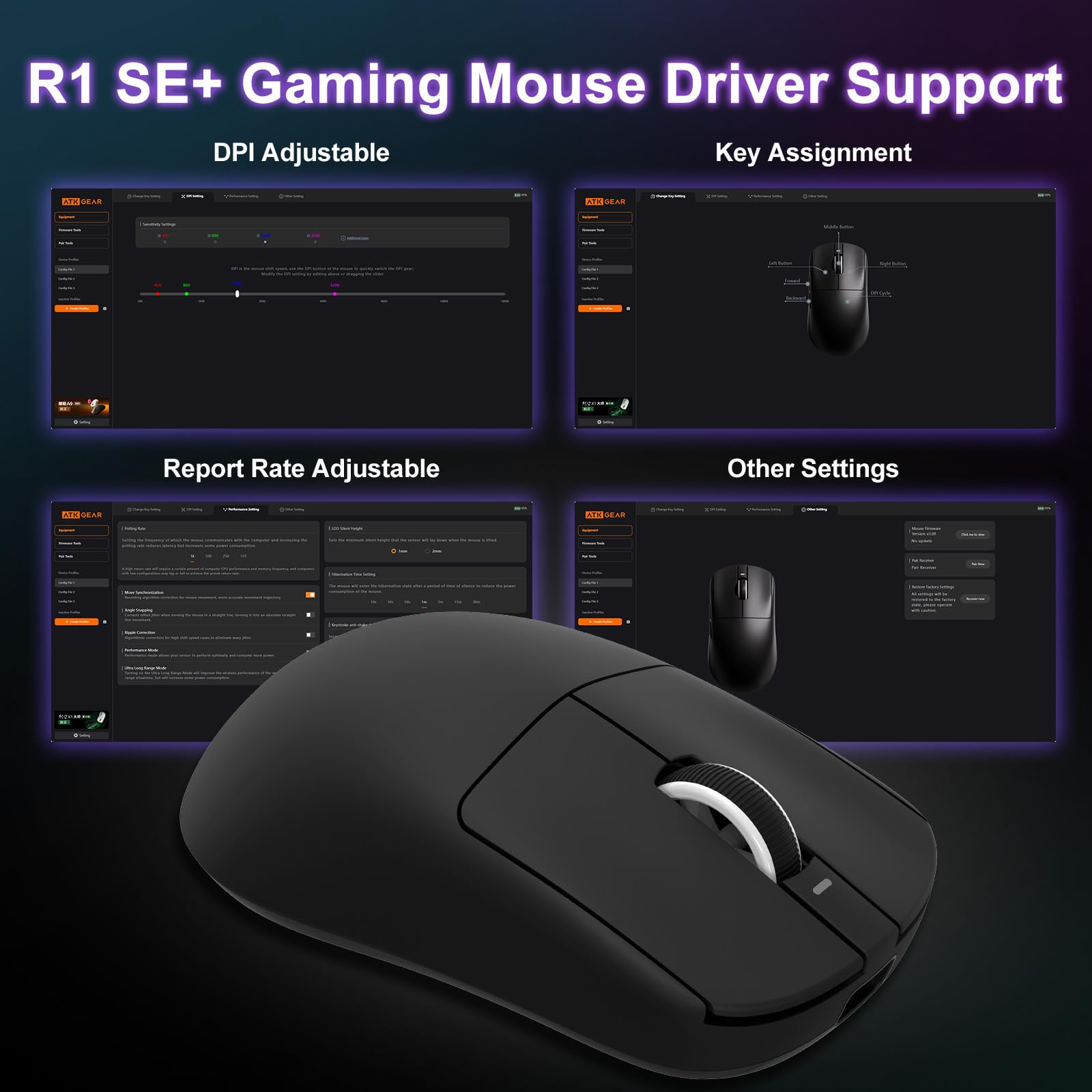 R1 SE+ - Ratón para juegos, 18000 DPI, sensor PAW3395SE de alta precisión, ligero de 55 g, tres modos de conexión, mouse ergonómico programable adecuado para portátiles/PC/Mac (negro)