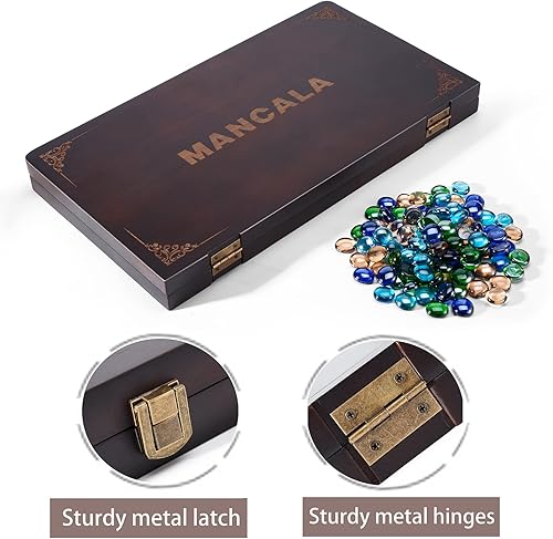 Miniatura 2 de VAMSLOVE Mancala - Juego de mesa para 4 jugadores, tablero plegable de madera maciza de lujo, 96+12 cuentas de piedra de vidrio multicolor,