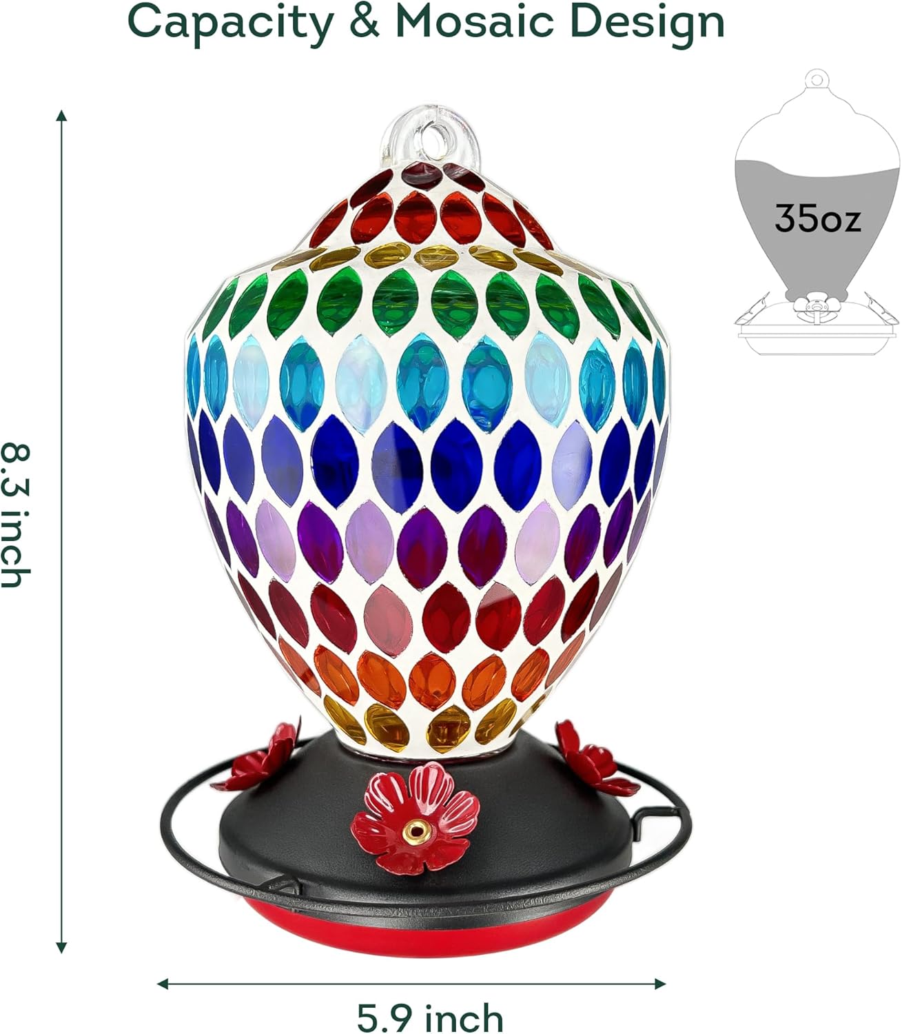 Lily's Home Mosaic Glass Hummingbird Feeder 35oz - Colorful Garden Décor - Easy Refill Wide-Mouth - Includes S Hook & Brush for Bird Lovers - Measures 5.9’’x5.9’’x8.3’’