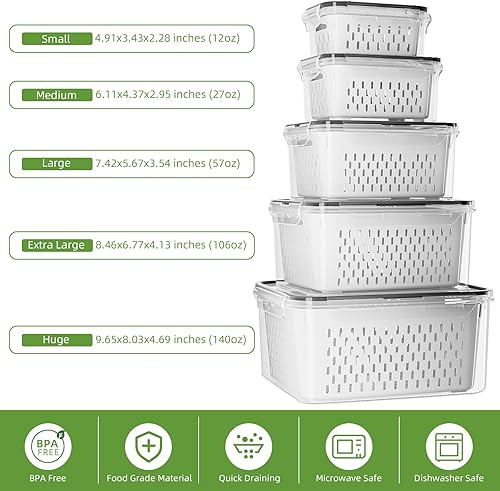 Miniatura 3 de Paquete de 5 recipientes de almacenamiento de frutas para refrigerador con coladores extraíbles, recipientes de almacenamiento de alimentos con
