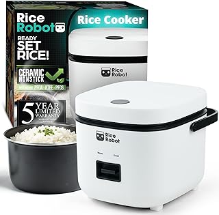 Rice Robot Personal Rice Cooker, PFAS-free, Nonstick. 1.2 Quart Capacity, with Stainless Steel Steamer Tray, Measuring Cups, Recipe Book with 60 Recipes, and Serving Spoon, As Seen On TV