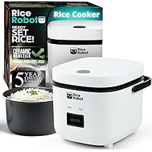 Rice Robot Personal Rice Cooker, PFAS-free, Nonstick. 1 Quart Capacity, with Stainless Steel Steamer Tray, Measuring Cups, Recipe Book with 60 Recipes, and Serving Spoon, As Seen On TV
