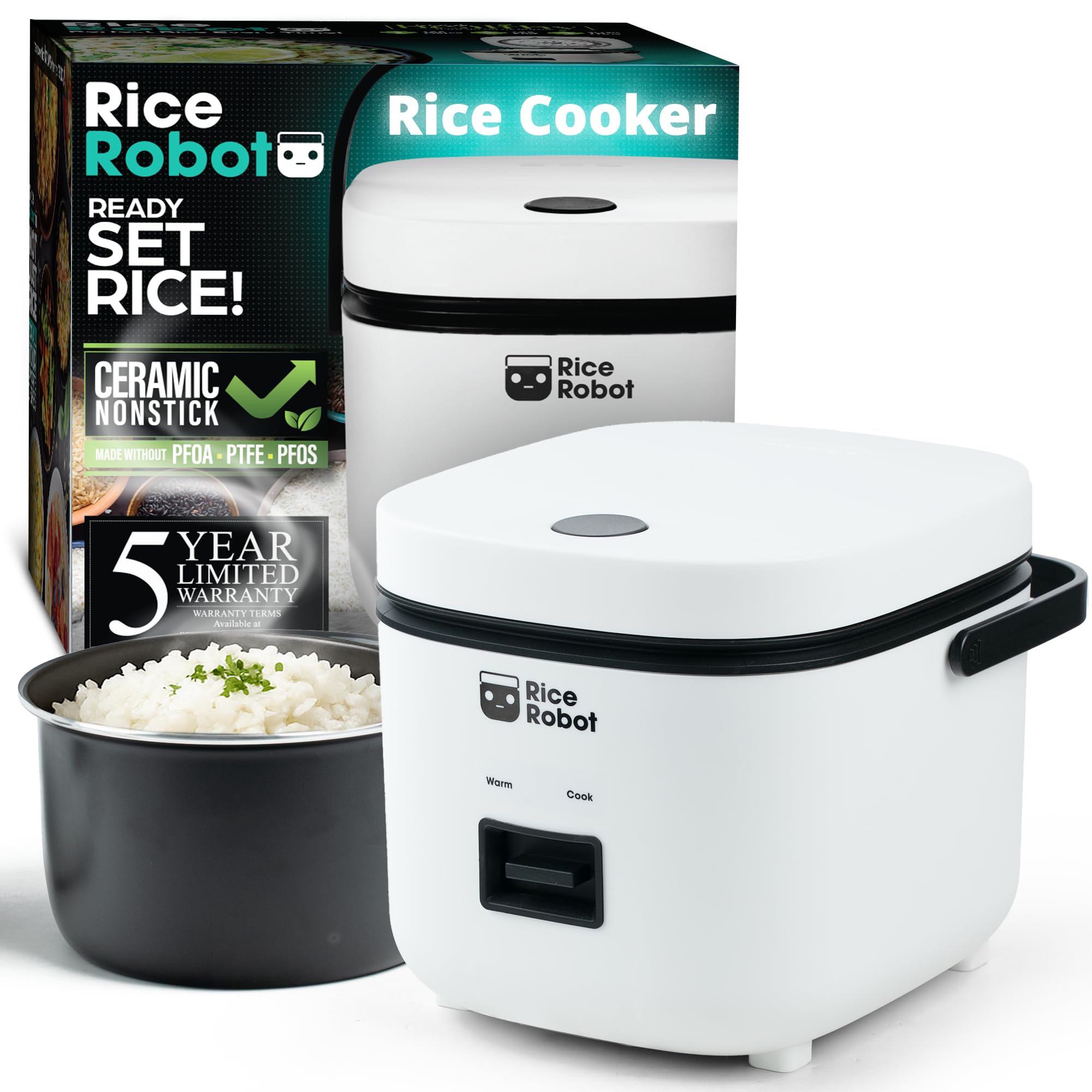 - Rice Robot Personal Rice Cooker, PFAS-free, Nonstick. 1 Quart Capacity, with Stainless Steel Steamer Tray, Measuring Cups, Recipe Book with 60 Recipes, and Serving Spoon, As Seen On TV