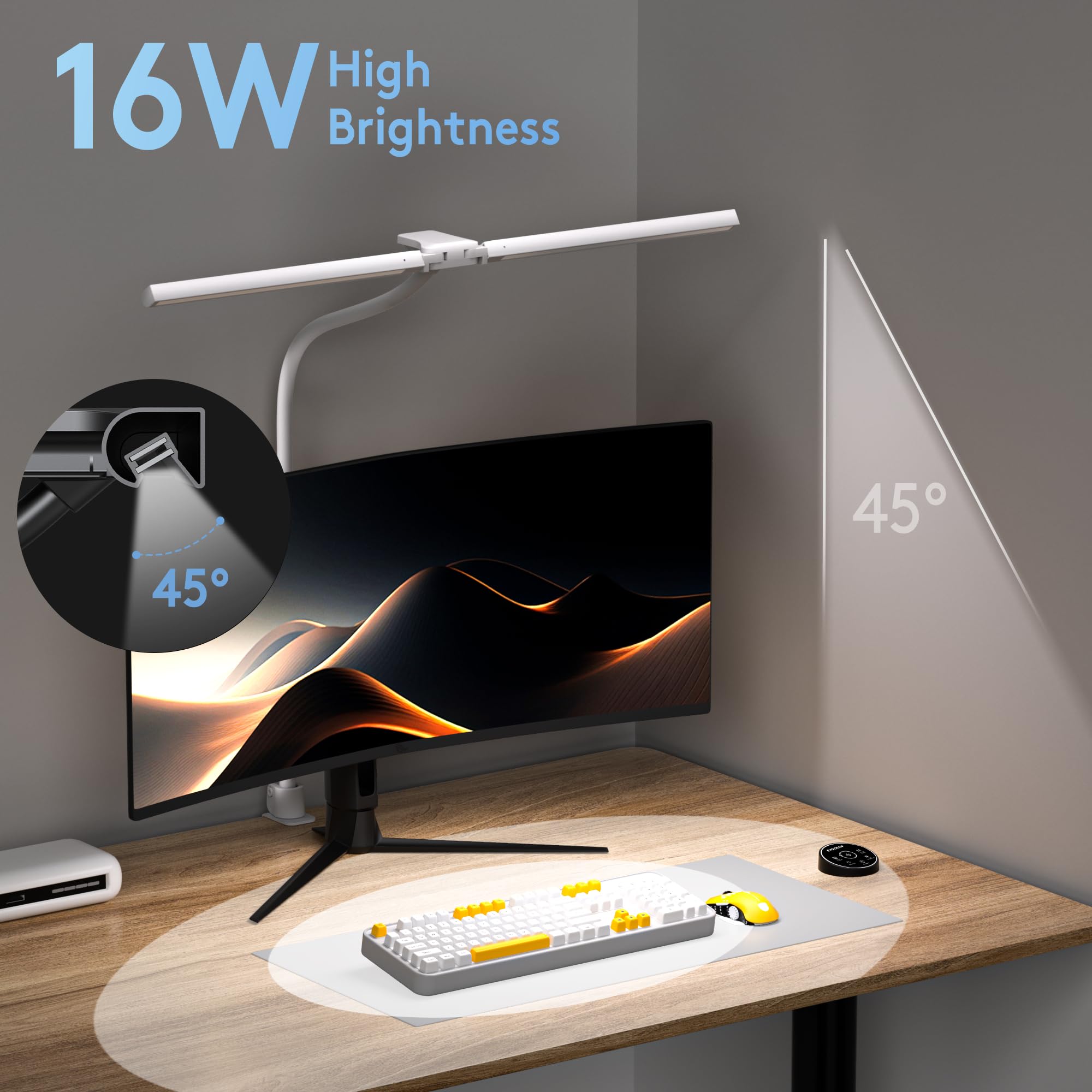 EYOCEAN Schreibtischlampe, Doppelkopf Schreibtischlampe Klemmbar, 16W 72cm Tageslichtlampe Schreibtisch mit Fernbedienung, Dimmbare Monitor Lampe, Schwanenhals Büro Tischlampe, Augenschutz Klemmlampe