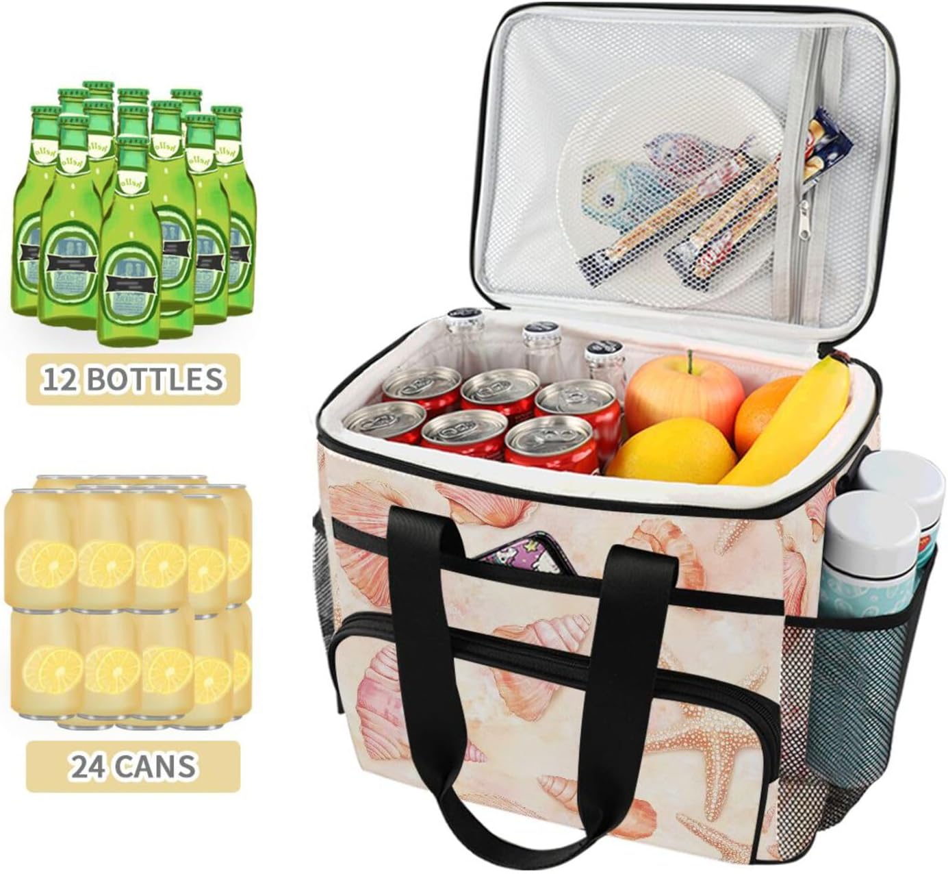 Cooler Bags Insulated-Seashells Pattern, Lunch Bag 24 Cans Leakproof Light Weight for Picnic Camping Party