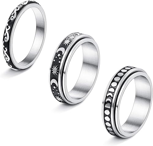 Jstyle 3 anillos giratorios de acero inoxidable, anillos giratorios para mujeres, hombres, luna, estrella, sol, anillo celta para aliviar el estrés