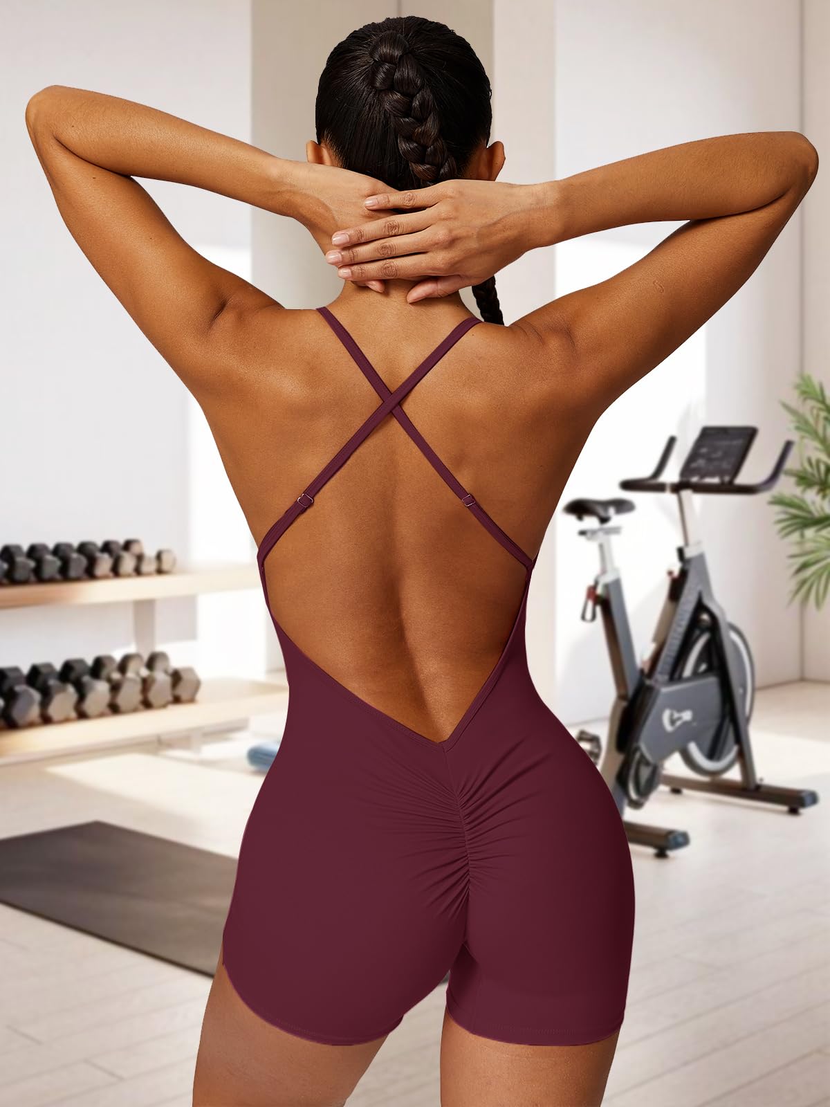 ECUPPER Overol de entrenamiento sin espalda para mujer, sin mangas, de una pieza, con control de abdomen, pantalones cortos para yoga