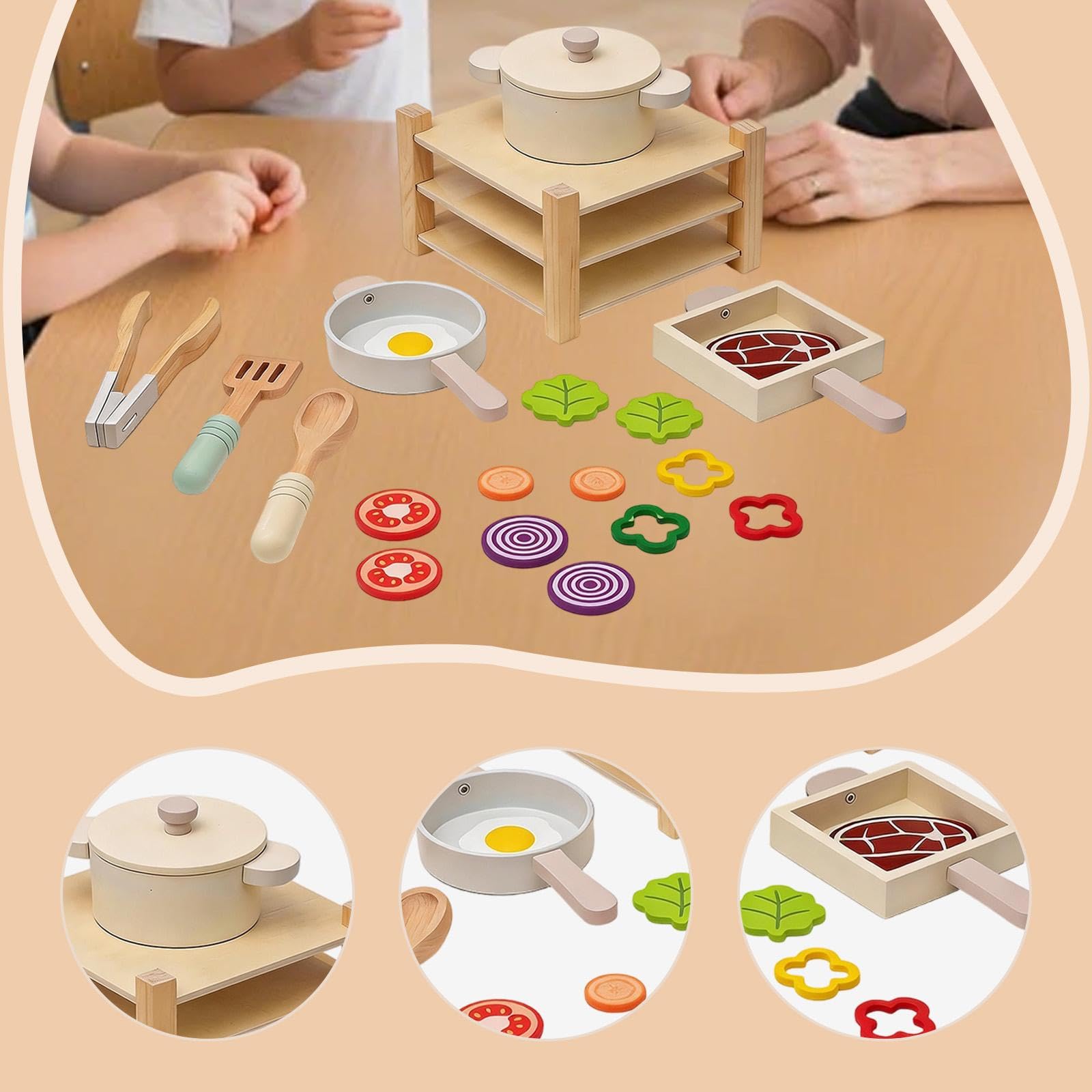 Accessorio da Cucina Giocattolo in Legno con Utensili, Gioco di Ruolo interattivo per Bambine, Set da Gioco per fingere di Cucinare.