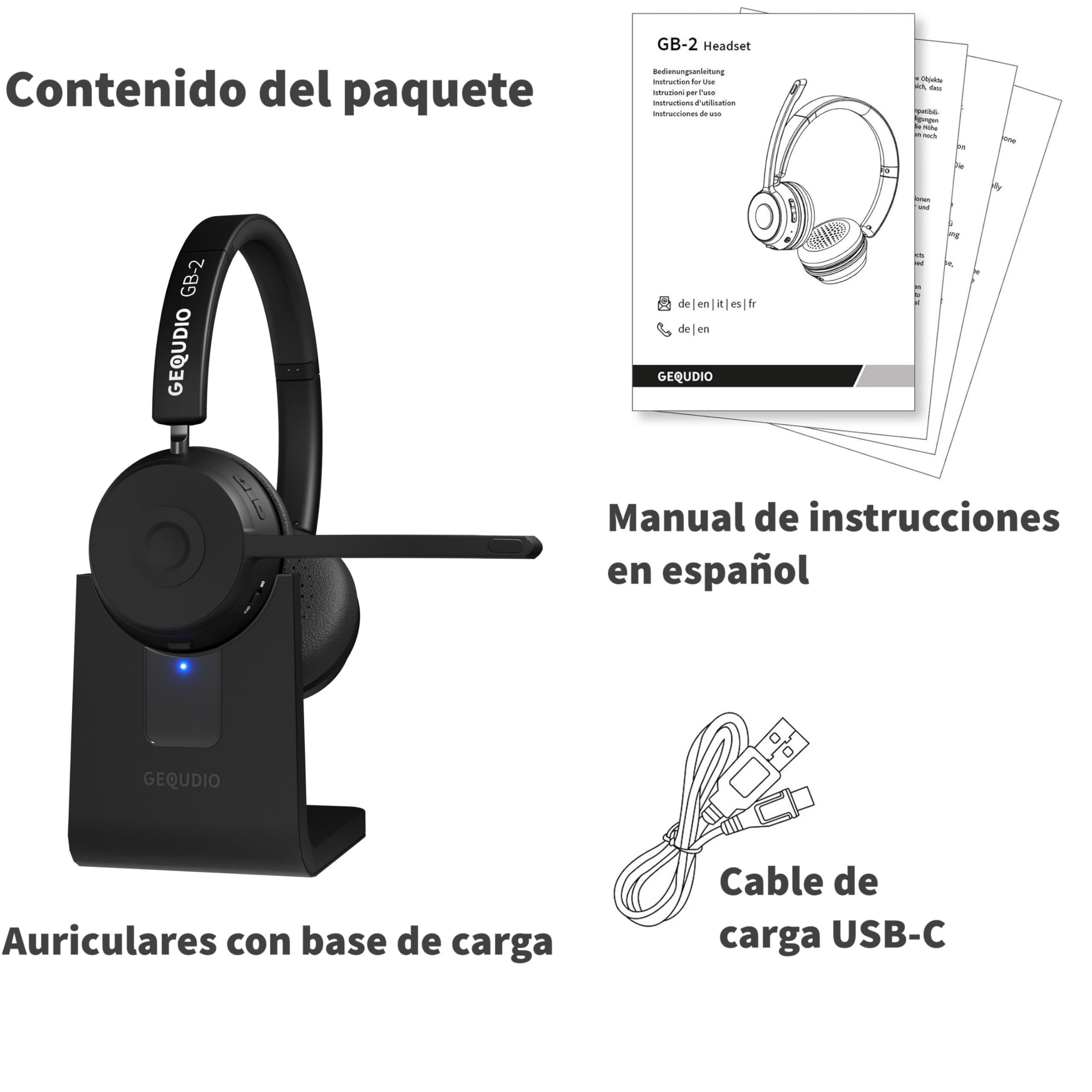 GEQUDIO GB-2 - Auriculares Bluetooth con micrófono, cancelación pasiva de ruido, auriculares inalámbricos, conecta 2 dispositivos simultáneamente (smartphone, teléfono móvil, PC, portátil