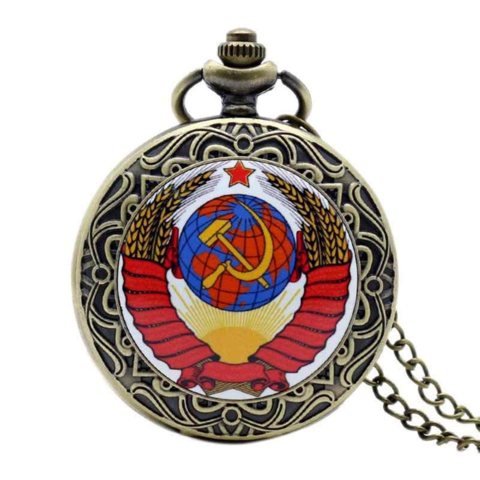 Huibbgo Women's Fashion Retro Russia Soviet Union Russian Flag Hammer Badges Sickle Pocket Watch Hook Design Necklace Chain Gift