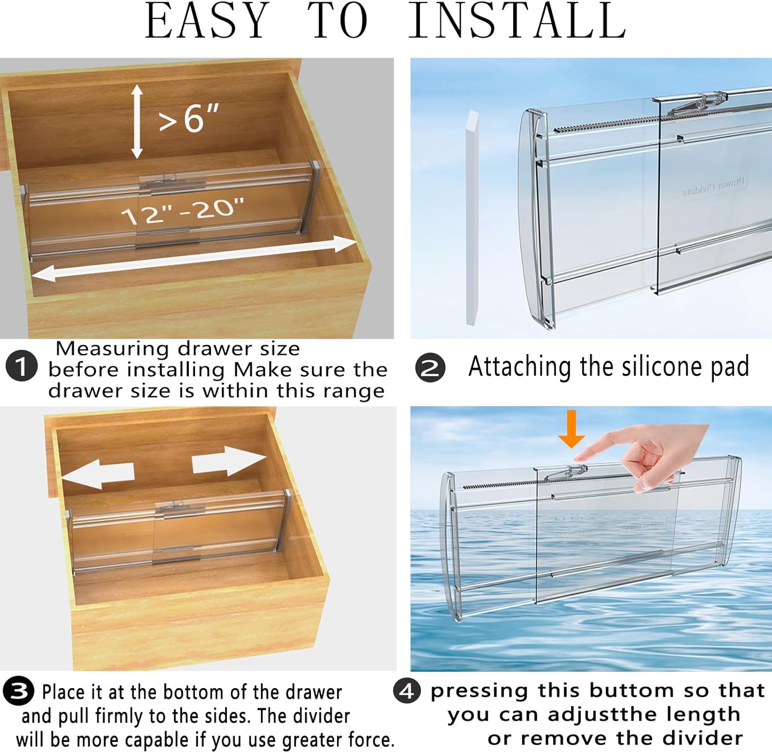 8 Pack Adjustable Drawer Dividers for Clothes,6" High Expandable From 12-20" Clear Drawer Organizers, PC Plastic Separators for Dresser/Bedroom/Bathroom/Kitchen/Office Storage