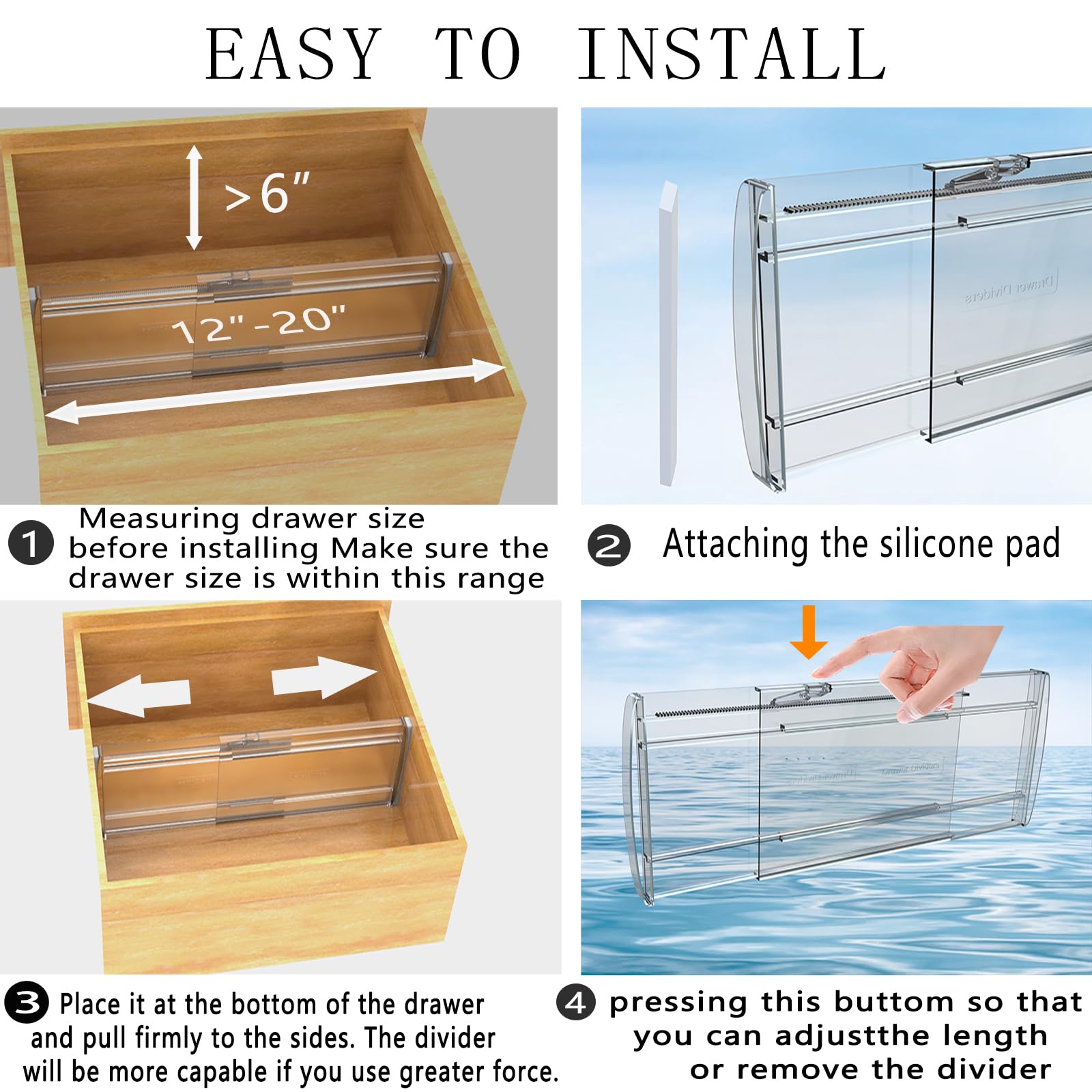 Confezione da 8 divisori regolabili per cassetti, per vestiti, altezza 15,2 cm, espandibili da 30,5 a 50,8 cm, separatori in plastica per cassettiere, camera da letto, bagno, cucina, ufficio