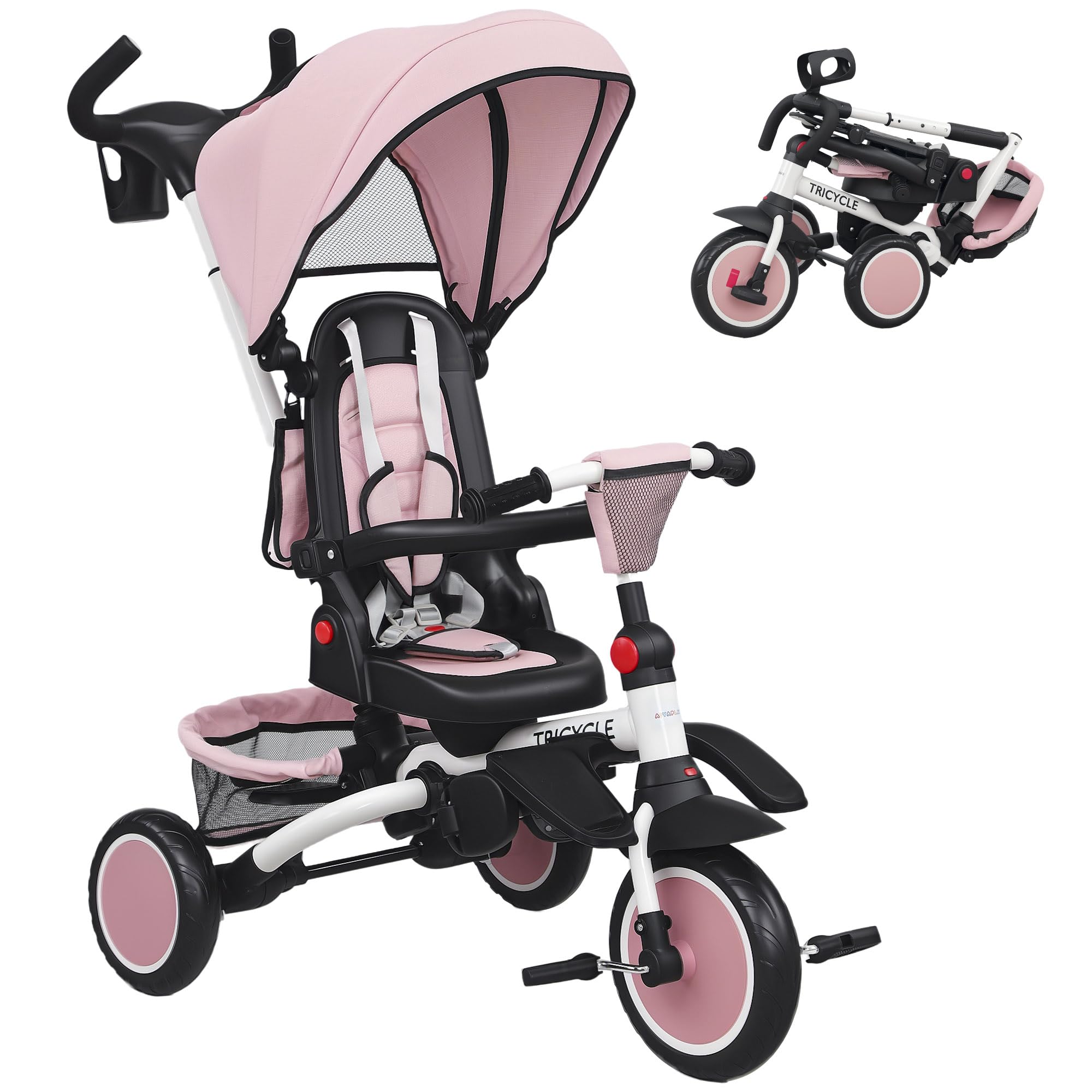 AIYAPLAY Dreirad 6in1 mit Schubstange für 1-5 Jahre Faltbar Kinderdreirad mit drehbarem Sitz, Korb, Tasche, Getränkehalter, klappbar Sonnendach, Sicherheitsgurt Rosa