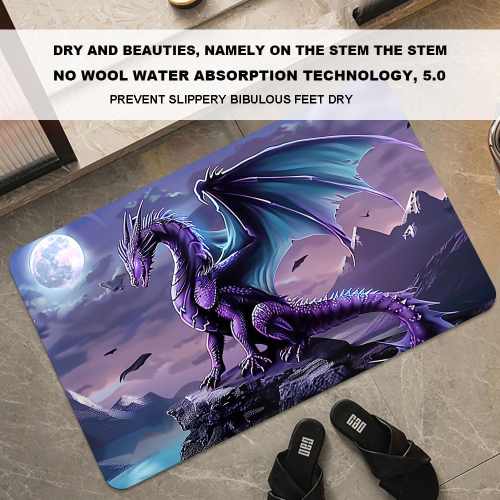 Bath Mat-Bathroom Rug，Purple Dragon with Blue Wings-Absorbent Non Slip Quick Dry Stain Resistant Easy to Clean Care Shower Rug for Bathtub Shower Room 17×27.5Inch (43 * 70cm)