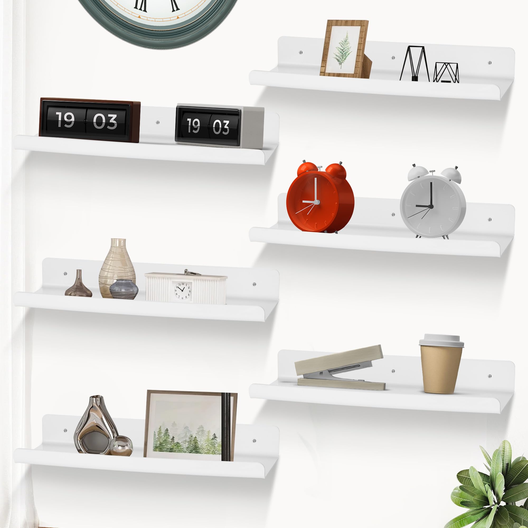 Yimomoyi 6 Piezas Baldas Pared Sin Agujeros, Estantes Flotantes Blanco, 30cm Estanteria Pared, Repisas de Pared con Clips Cables y Adhesivo, Estanteria Sin Taladro para Salón Oficina Cocina