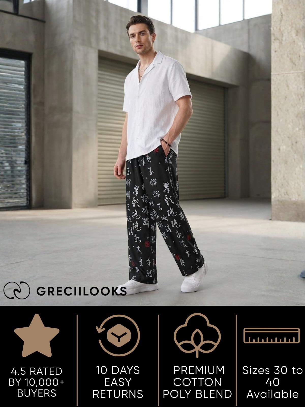 GRECIILOOKS Mens Boho Hippie Harem Pants | Black Printed Wide-Leg Trousers | Koren Streetwear Loose Baggy Fit Summer Lounge Yoga Lowers (GL-CG6037-32-Black) 2