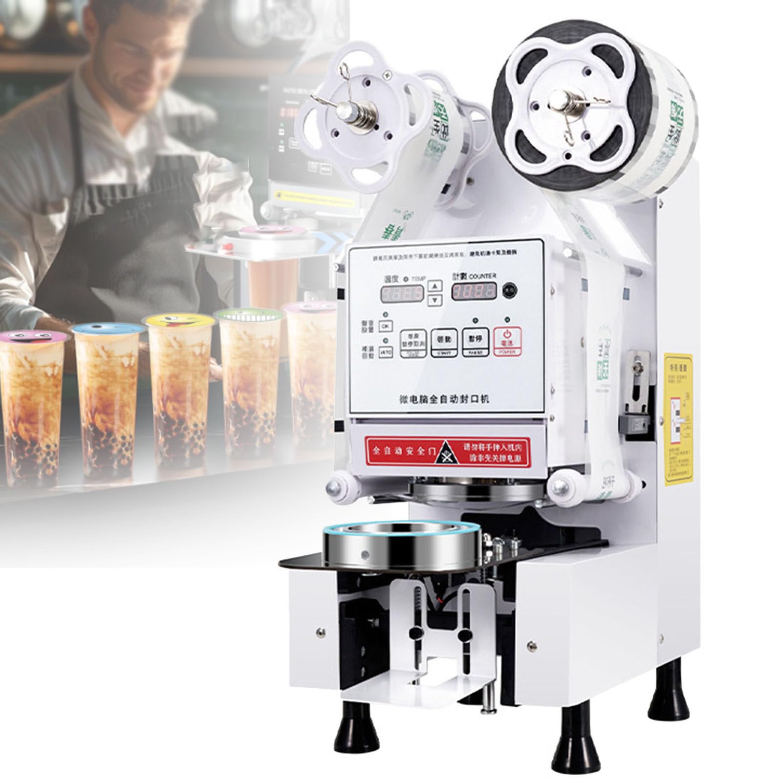 SENJINGHUA Commercial Cup Sealing Machine, Full Automatic Cup Sealer Machine 90/95MM Electric Cup Sealing Machine 450-550 Cups/H, for PP Paper Boba Milk Coffee Smoothies Milk-Tea,White