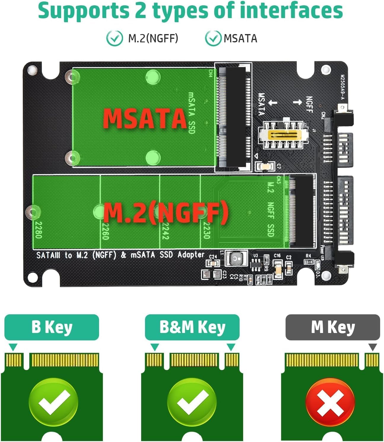 ELUTENG Adaptateur M.2 SATA vers 2,5" SATA 3.0, Compatible MSATA/M.2 NGFF 2280 2260 2242 2230, Clé B/B&M